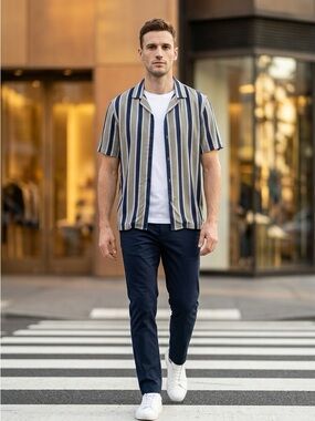 The Kooples Vertical Stripe Short-Sleeve Shirt in Navy & Olive $225 nice fabric